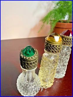 VTG Irice Cut Glass Mini Perfume Bottles Jewel Tops Ruby Emerald Citrine Deco VTG Irice Cut Glass Mini Perfume Bottles Jewel Tops Ruby Emerald Citrine Deco