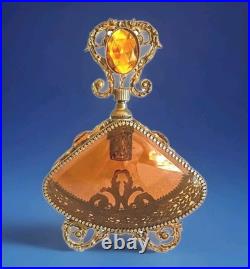 VTG Large Parfume Bottle Hollywood Regency Filigree Ormolu Amber Glass & Jewels