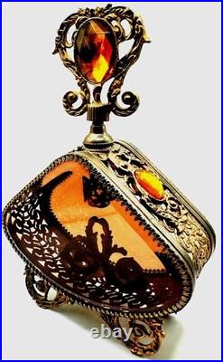 VTG Large Parfume Bottle Hollywood Regency Filigree Ormolu Amber Glass & Jewels VTG Large Parfume Bottle Hollywood Regency Filigree Ormolu Amber Glass & Jewels