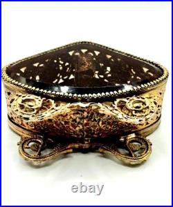 VTG Large Parfume Bottle Hollywood Regency Filigree Ormolu Amber Glass & Jewels