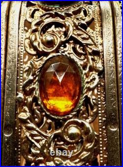 VTG Large Parfume Bottle Hollywood Regency Filigree Ormolu Amber Glass & Jewels