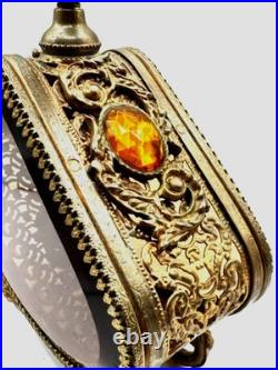 VTG Large Parfume Bottle Hollywood Regency Filigree Ormolu Amber Glass & Jewels