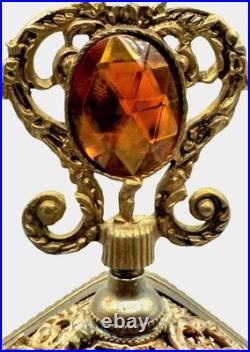 VTG Large Parfume Bottle Hollywood Regency Filigree Ormolu Amber Glass & Jewels