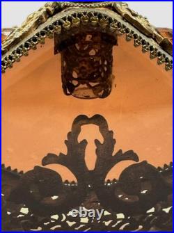 VTG Large Parfume Bottle Hollywood Regency Filigree Ormolu Amber Glass & Jewels