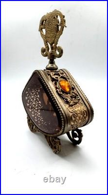 VTG Large Parfume Bottle Hollywood Regency Filigree Ormolu Amber Glass & Jewels