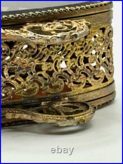 VTG Large Parfume Bottle Hollywood Regency Filigree Ormolu Amber Glass & Jewels