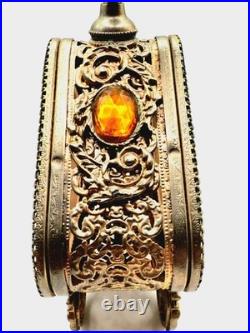 VTG Large Parfume Bottle Hollywood Regency Filigree Ormolu Amber Glass & Jewels