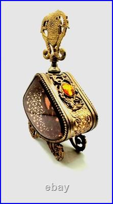 VTG Large Parfume Bottle Hollywood Regency Filigree Ormolu Amber Glass & Jewels
