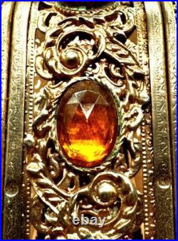 VTG Large Parfume Bottle Hollywood Regency Filigree Ormolu Amber Glass & Jewels