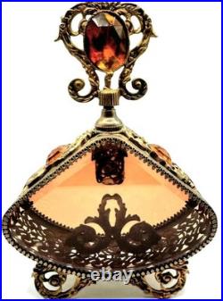 VTG Large Parfume Bottle Hollywood Regency Filigree Ormolu Amber Glass & Jewels