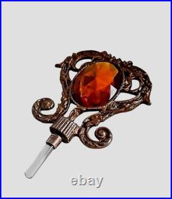 VTG Large Parfume Bottle Hollywood Regency Filigree Ormolu Amber Glass & Jewels