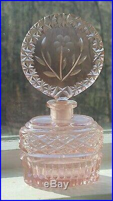 VTG Lrg. Czech Pink Perfume Bottle cut glass with DAUBER Intact