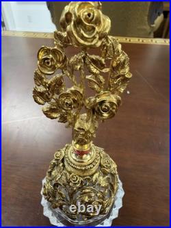 VTG MATSON Brass gold-plated glass perfume conical bottle rose motif with rust