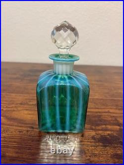VTG MURANO Green Opalescent Striped Art Glass Perfume Bottle WithStopper 5.75H