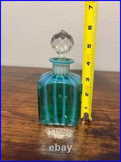 VTG MURANO Green Opalescent Striped Art Glass Perfume Bottle WithStopper 5.75H
