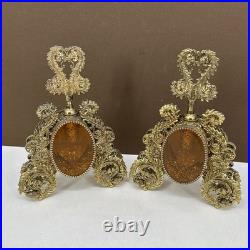 VTG PAIR Perfume Bottle Gold Ormolu Filigree Amber Lucite Hollywood Regency