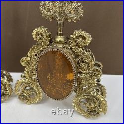 VTG PAIR Perfume Bottle Gold Ormolu Filigree Amber Lucite Hollywood Regency