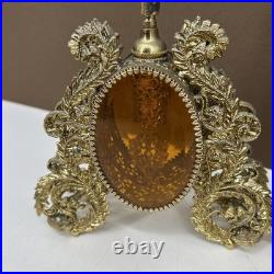 VTG PAIR Perfume Bottle Gold Ormolu Filigree Amber Lucite Hollywood Regency