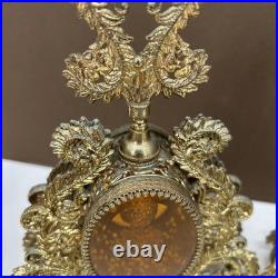 VTG PAIR Perfume Bottle Gold Ormolu Filigree Amber Lucite Hollywood Regency
