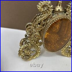 VTG PAIR Perfume Bottle Gold Ormolu Filigree Amber Lucite Hollywood Regency