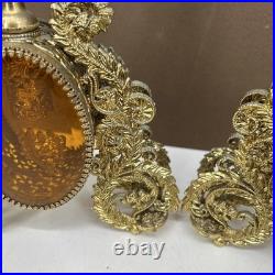 VTG PAIR Perfume Bottle Gold Ormolu Filigree Amber Lucite Hollywood Regency