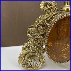 VTG PAIR Perfume Bottle Gold Ormolu Filigree Amber Lucite Hollywood Regency
