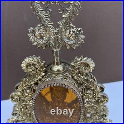 VTG PAIR Perfume Bottle Gold Ormolu Filigree Amber Lucite Hollywood Regency