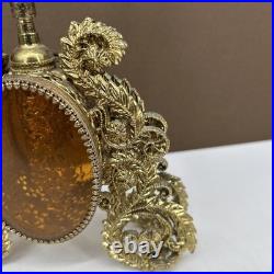 VTG PAIR Perfume Bottle Gold Ormolu Filigree Amber Lucite Hollywood Regency