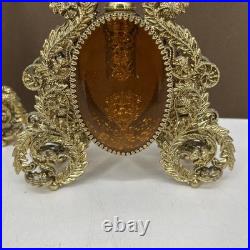 VTG PAIR Perfume Bottle Gold Ormolu Filigree Amber Lucite Hollywood Regency