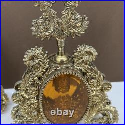 VTG PAIR Perfume Bottle Gold Ormolu Filigree Amber Lucite Hollywood Regency