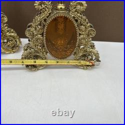 VTG PAIR Perfume Bottle Gold Ormolu Filigree Amber Lucite Hollywood Regency