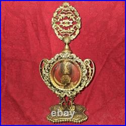 VTG Perfume Bottles Gold Ormolu Filigree Amber/ Pink Glass Windows Rose Flower