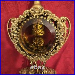 VTG Perfume Bottles Gold Ormolu Filigree Amber/ Pink Glass Windows Rose Flower