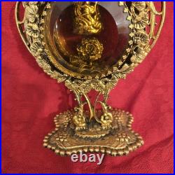 VTG Perfume Bottles Gold Ormolu Filigree Amber/ Pink Glass Windows Rose Flower