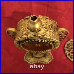 VTG Perfume Bottles Gold Ormolu Filigree Amber/ Pink Glass Windows Rose Flower