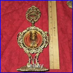 VTG Perfume Bottles Gold Ormolu Filigree Amber/ Pink Glass Windows Rose Flower