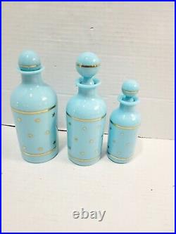 VTG Portieux Vallerysthal PV France Blue Opaline/ blue milk Glass bottle Set