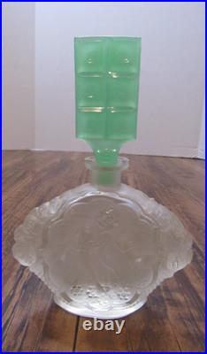 VTG Pressed Glass Perfume Bottle Girl Deer Uranium Glass Candy Bar Stopper RARE