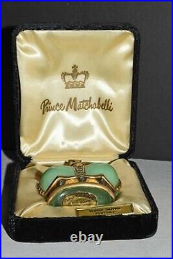 VTG Prince Matchabelli Green Gold Crown Perfume Bottle in Velvet Box Wind Song
