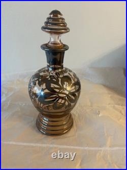 VTG Silver Overlay handblown Italian Nasco Cologne Bottle withCork Lid Art DECO