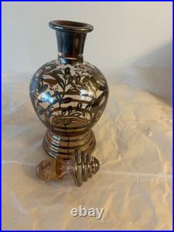 VTG Silver Overlay handblown Italian Nasco Cologne Bottle withCork Lid Art DECO