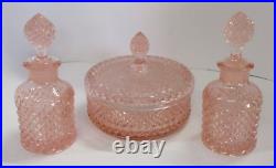 VTG Westmoreland English Hobnail Pink Glass Vanity Puff Box, Two Perfume Bottles