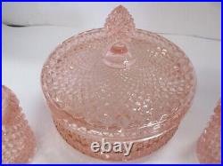 VTG Westmoreland English Hobnail Pink Glass Vanity Puff Box, Two Perfume Bottles