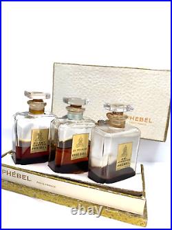 VTG perfume bottle set withbox. Phebel's EnFrance, BelHommage, Foret Captee. 1940s
