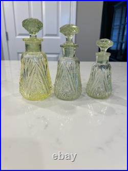Vaseline Glass Perfume Bottles with Stoppers Set of 3. Vintage