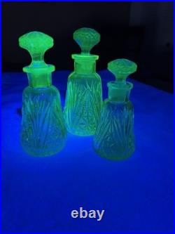 Vaseline Glass Perfume Bottles with Stoppers Set of 3. Vintage
