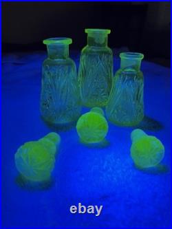Vaseline Glass Perfume Bottles with Stoppers Set of 3. Vintage