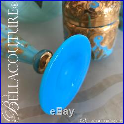 Victorian French Blue Opaline Bohemian Glass Gilt Vanity Enamelled Vtg Vase