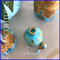 Victorian French Blue Opaline Bohemian Glass Gilt Vanity Enamelled Vtg Vase