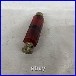 Victorian Ruby Red Double Ended Scent Bottle with silver caps